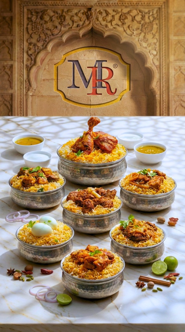 Several handi biryanis clustered together, chicken and mutton, on a marble surface