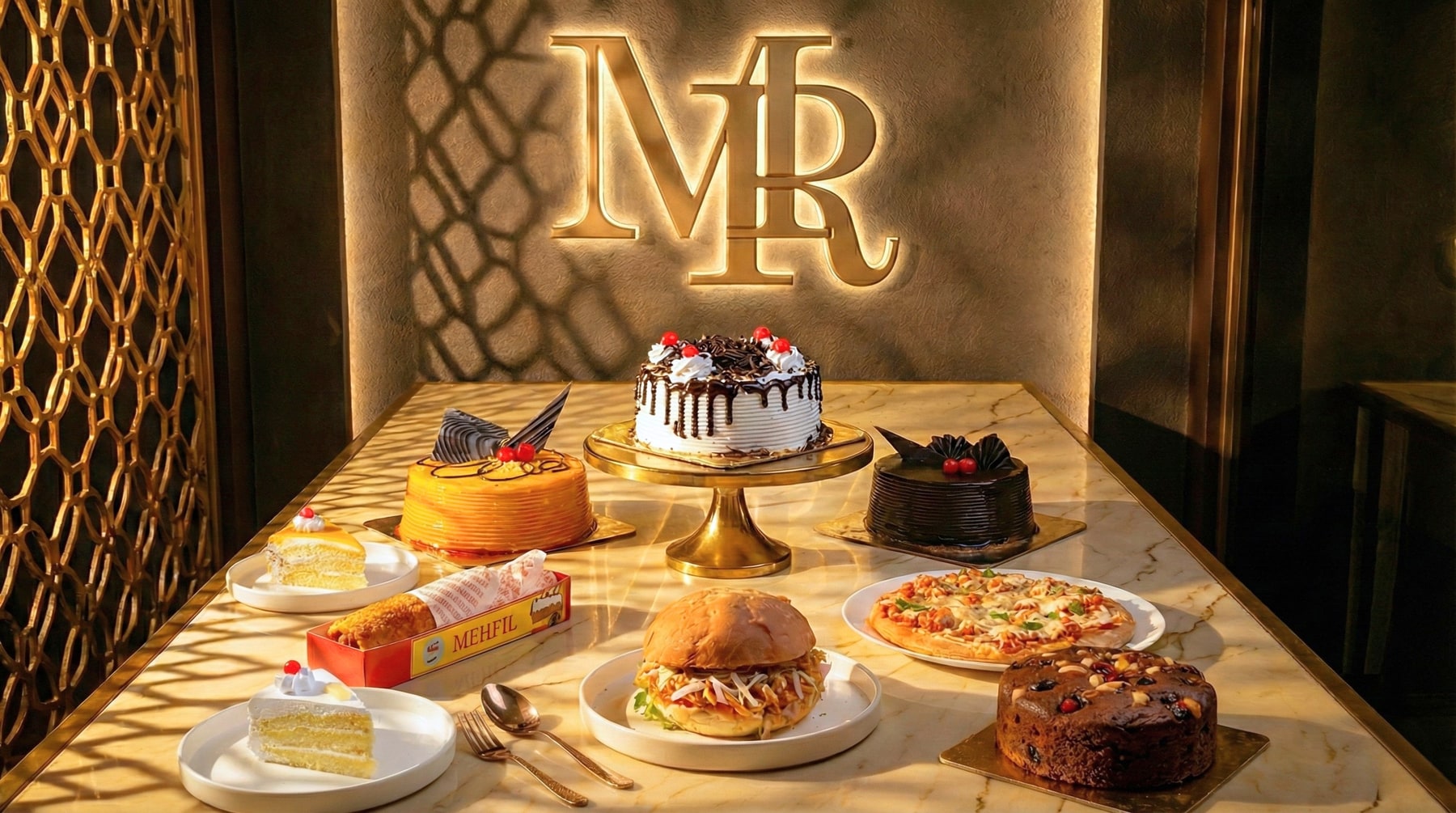 Cakes, a burger and a pizza on a marble table under the Mehfil monogram
