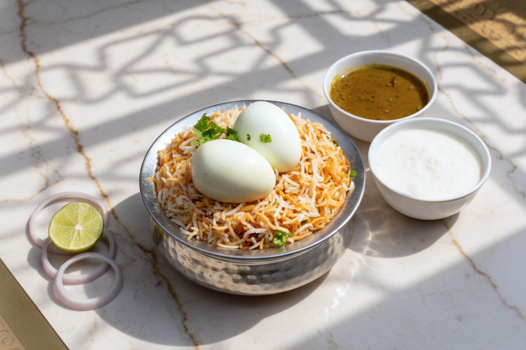 A plate of biryani served with a boiled egg, curry and raita