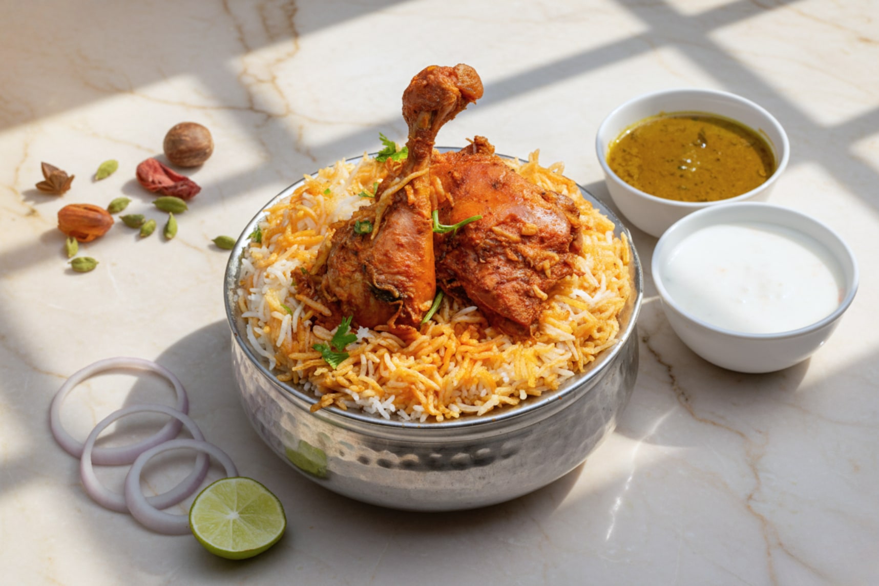 A chicken biryani served in a steel handi with salan and raita