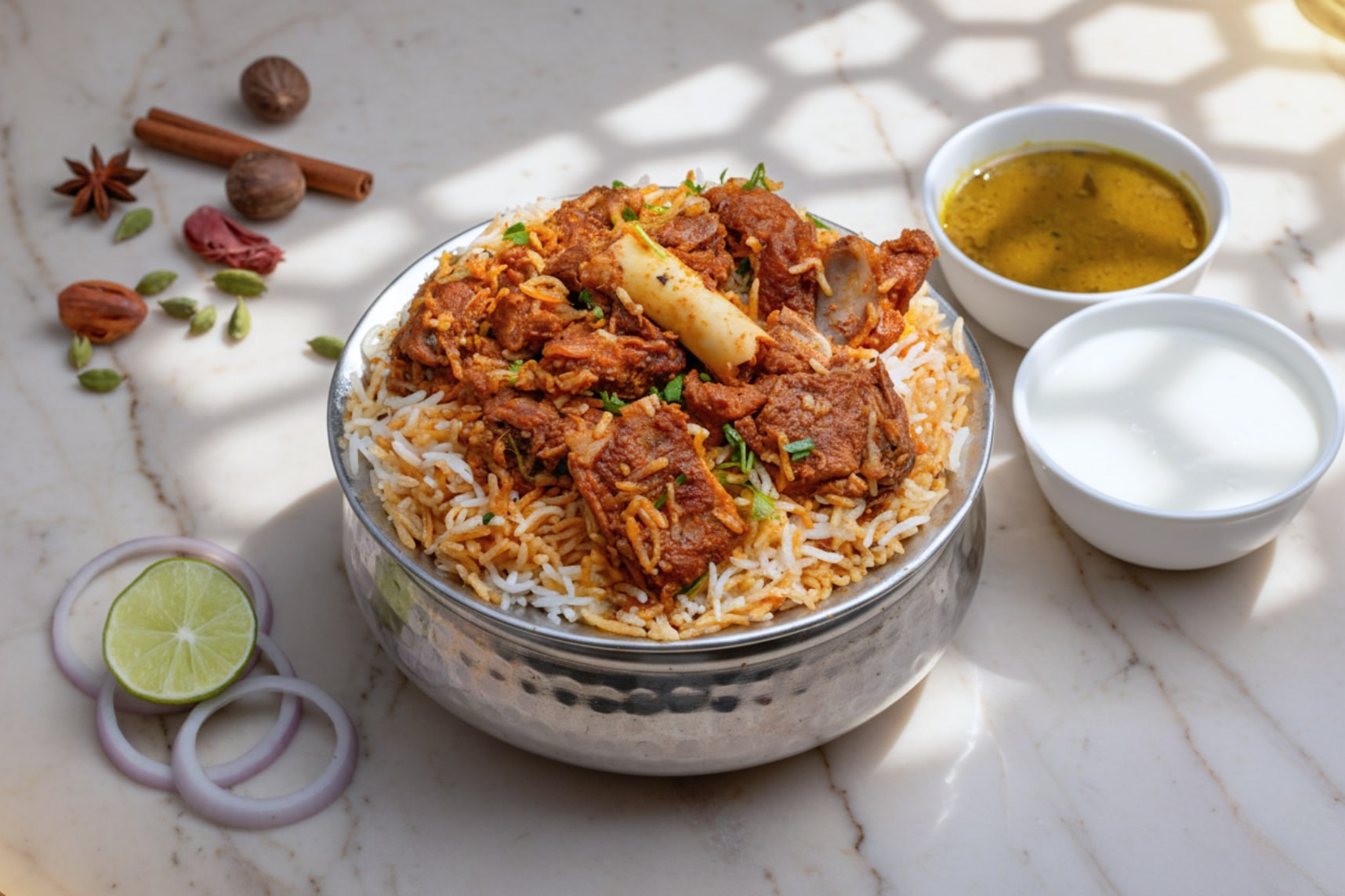 A mutton biryani served in a steel handi