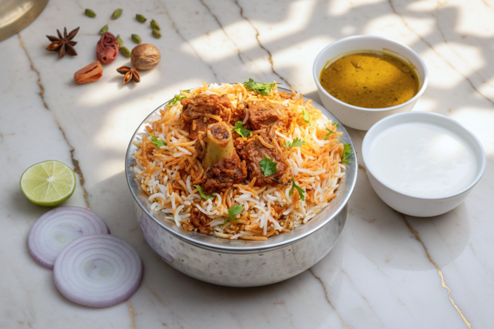 Mutton biryani in a steel handi, whole spices scattered on the marble beside it