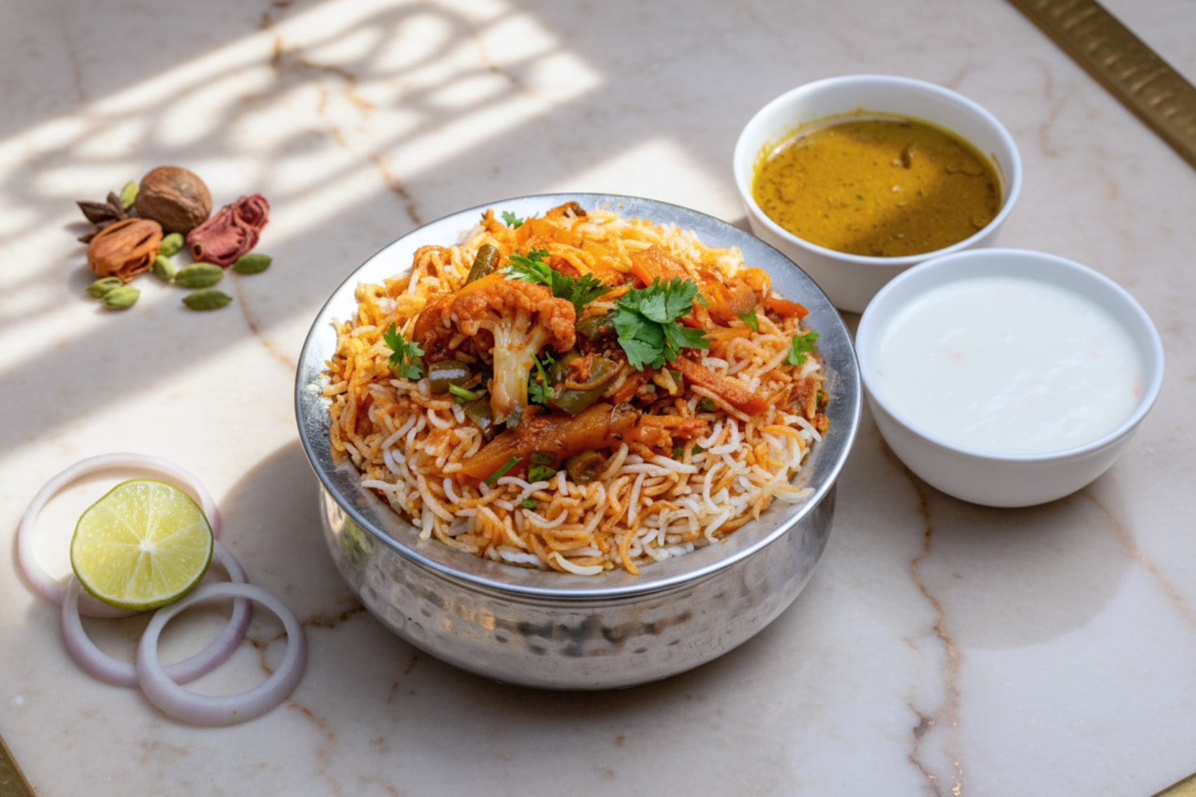 A vegetable biryani served in a steel bowl